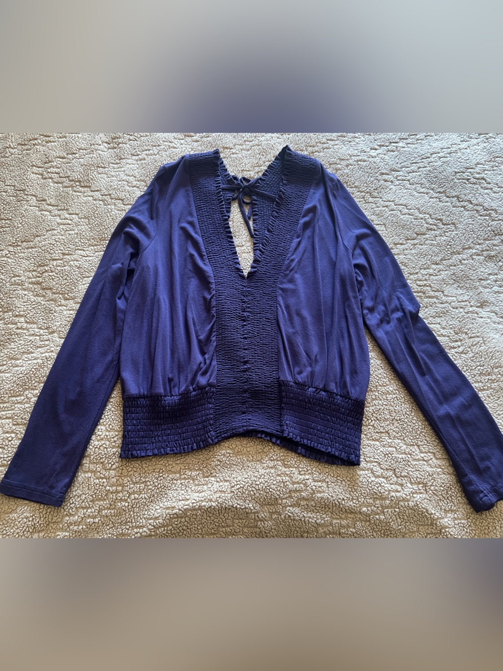 Willow Root Navy Smocked Long Sleeve Top with Tie Neck
